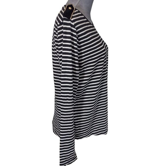 Lauren Ralph Lauren Top Black Striped Scoop Neck Pullover Epaulettes Shirt Large - Picture 3 of 6